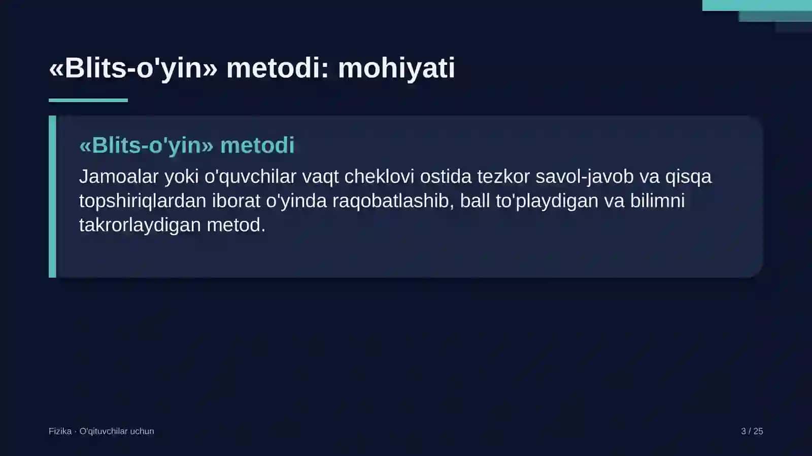 fizika darslarida blits o'yin metodidan foydalanish 6453 3