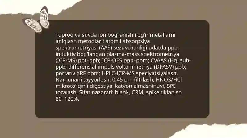 Tuproq va suvning ifloslanishida ion bogʻlanishning birikmalarining aniqlab ulardan tozalash ğoyasini yaratish 3