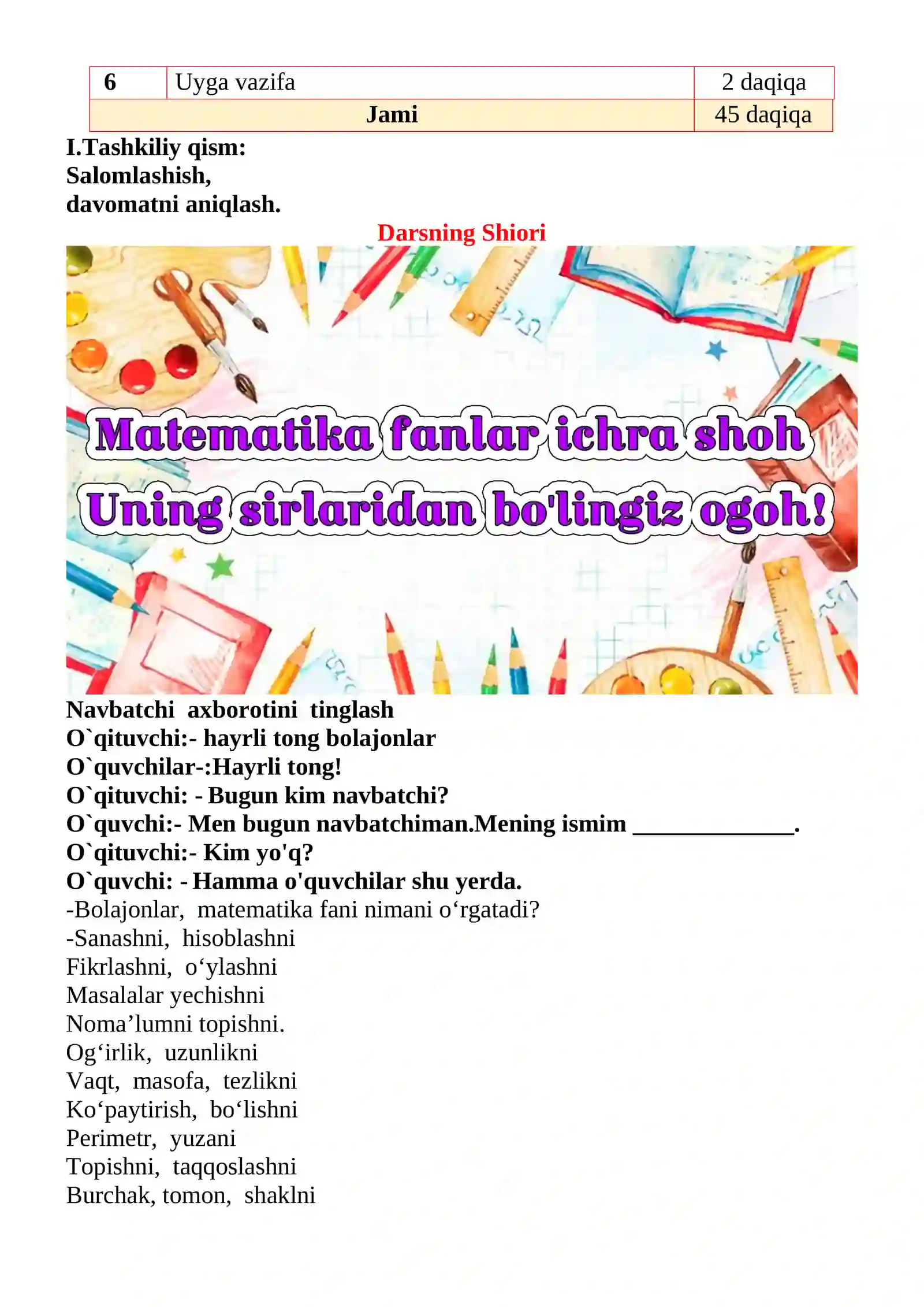 Kilometr mavzusida 2-sinf matematika fanidan dars ishlanmasi 3