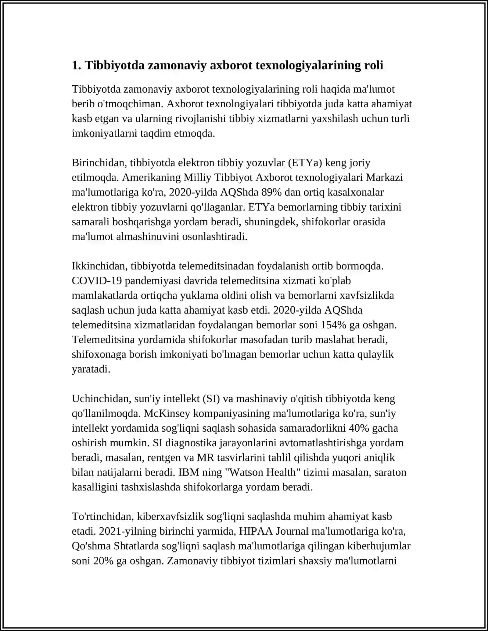 ZAMONAVIY AXBOROT TEXNOLOGIYALARIDAN BUGUNGI KUNDA FOYDALANISH DARAJASI, ULARNI TIBBIYOTNING TURLI SOXALARIDA MA’LUMOTLAR TO‘PLASHDA, DIAGNOSTIKA VA DAVOLASHDA TUTGAN O‘RNI 3