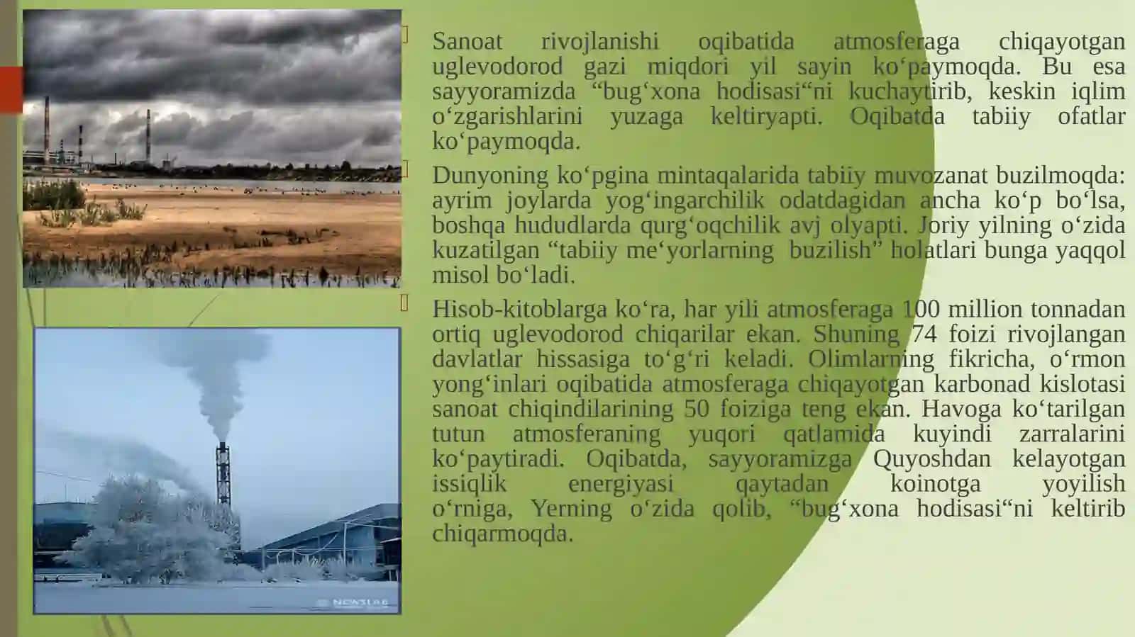 IQLIMOʻZGARISHINIKELTIRIB CHIQARUVCHI MANBALAR VA OMILLAR 3