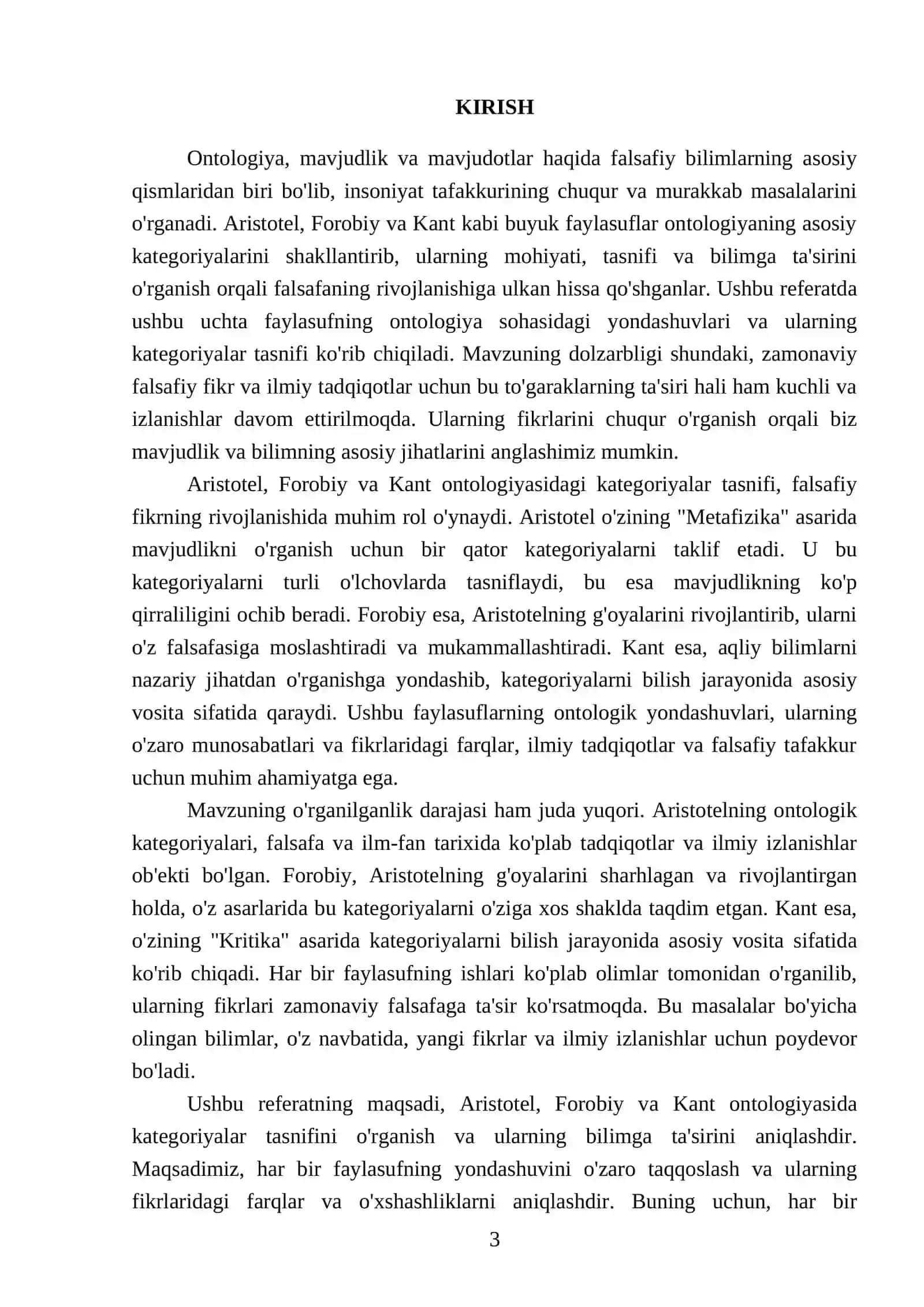 Aristotel, Forobiy va Kant ontologiyasida kategoriyalar tasnifi 3