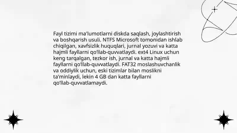 Fayl tizimlari turlari va ularni boshqarish (NTFS, ext4, FAT32; fayl tizimlarini yaratish formatlash va zaxiralash) 3
