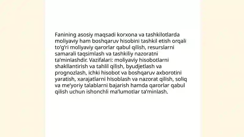 MOLIYAVIY VA BOSHQARUV HISOBI FANINING MAQSADI VA VAZIFALARI 3