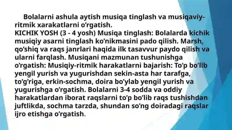BOLALARNI ASHULA AYTISH, MUSIQA TINGLASH ASBOBLARINI SHALISHNI O’RGATISH USULLARI MT 403-GURUH 3