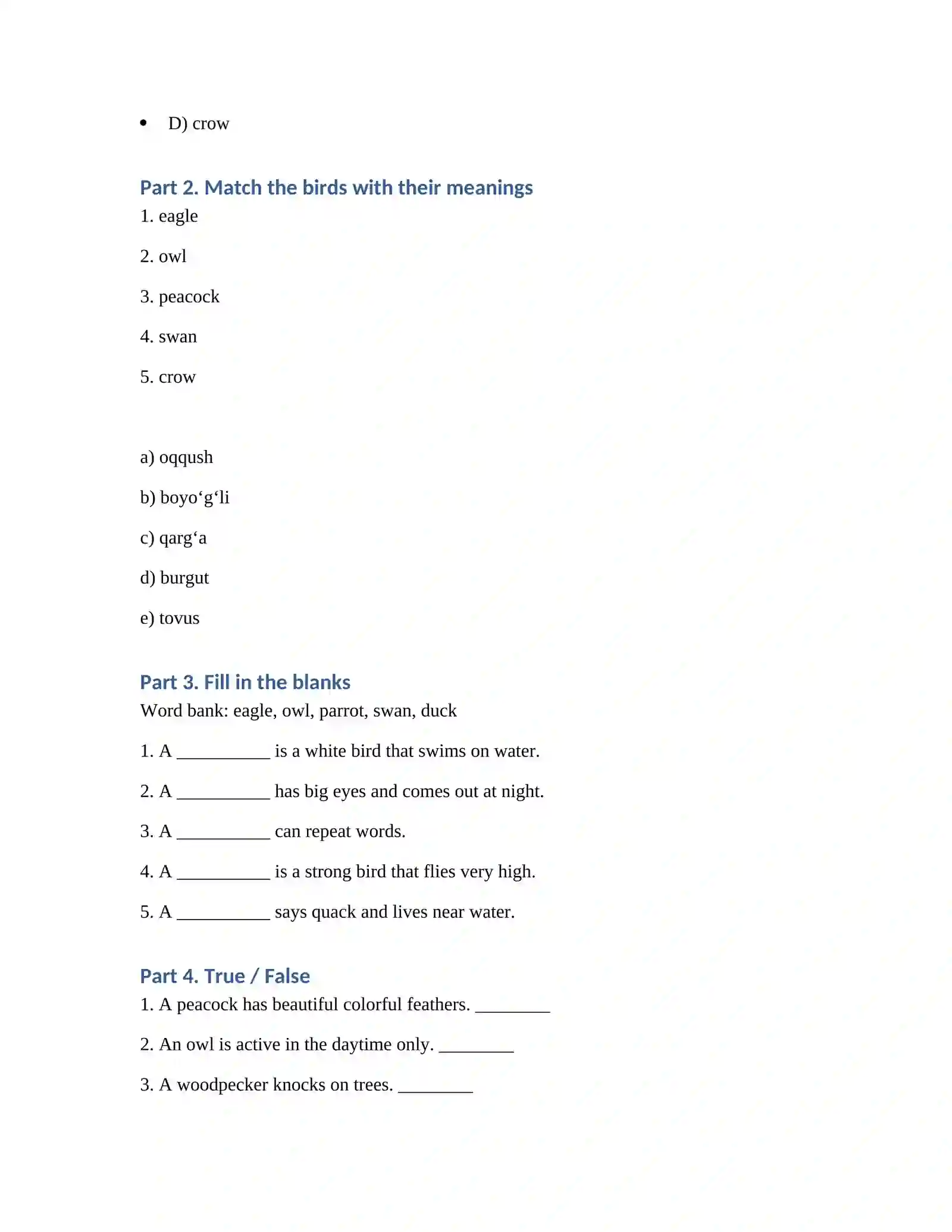 WILD BIRDS QUIZ TEST 3