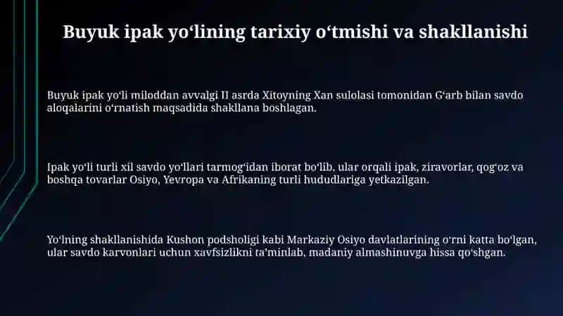 Buyuk ipak yoʻlini oʻrta osiyoda iqtisodiy munosabatlar rivojlanishidagi oʻrni 3