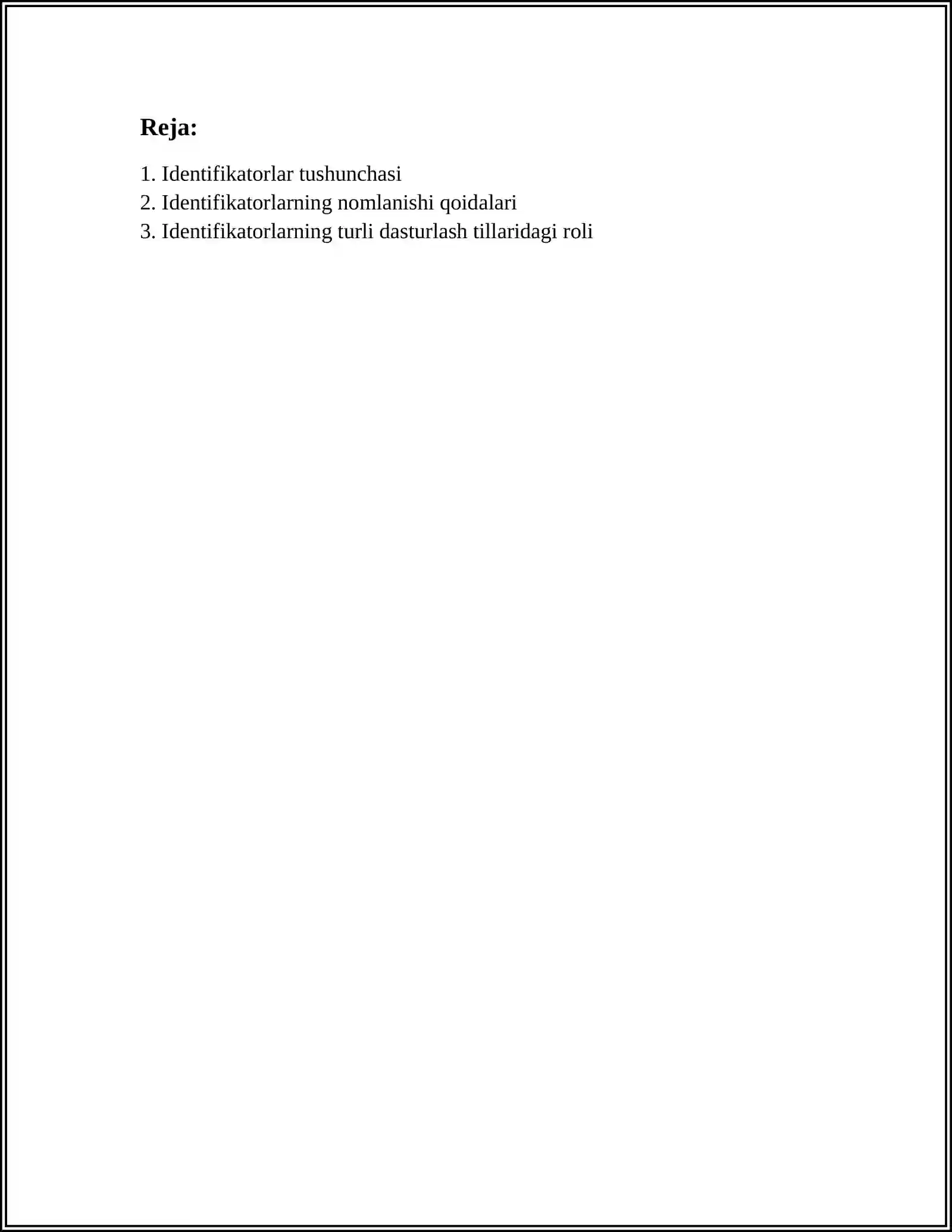 IDENFIKATORLAR, LITERALLAR OʻZGARUVCHILAR VA BERILGANLAR TURLARI 3