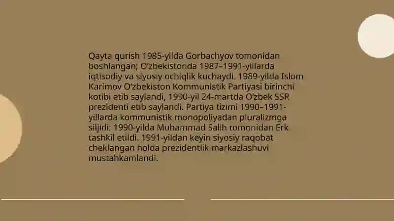 Qayta qurish yillarida O'zbekistondagi ijtimoiy-siyosiy vaziyat 3