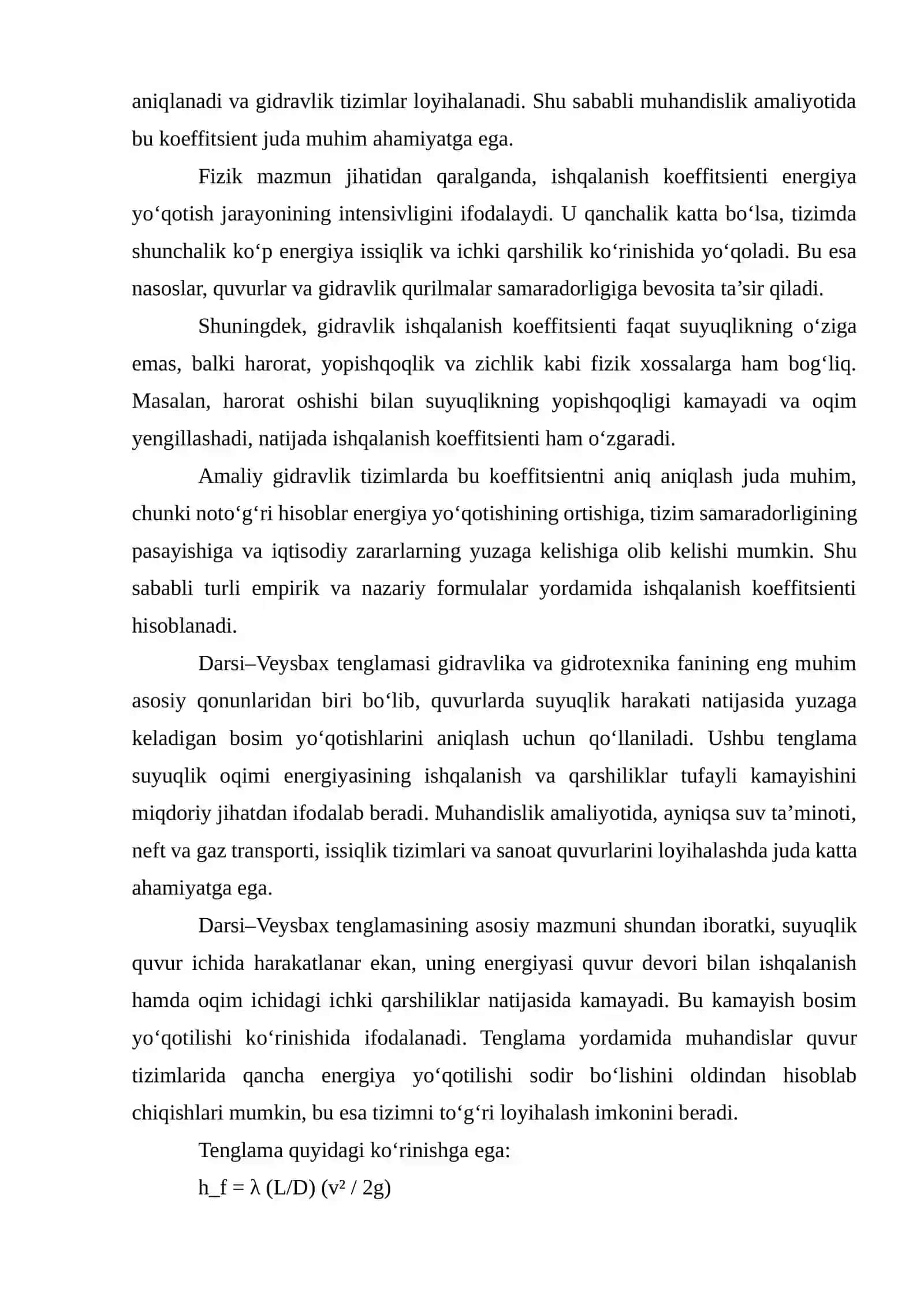 Gidravlik ishqalanish koeffitsientini aniqlash. Darsi-Veysbax, Puazeyl, Altshul, Shifrinson, Latipov va Shevelev formulalari. Kolbruk grafigi 3