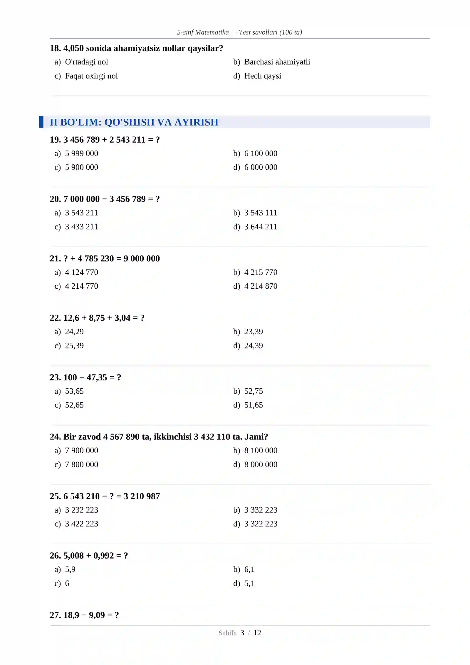 5-sinf Matematika — Test savollari (100 ta) 3