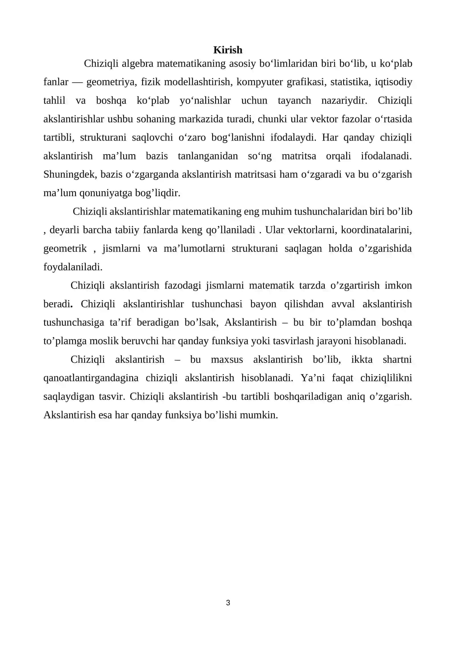 "Chiziqli akslantirishlar: ta'rifi, matritsalar, turli bazisdagi matritsalar orasidagi bog’lanish" mavzusidagi KURS ISHI 3