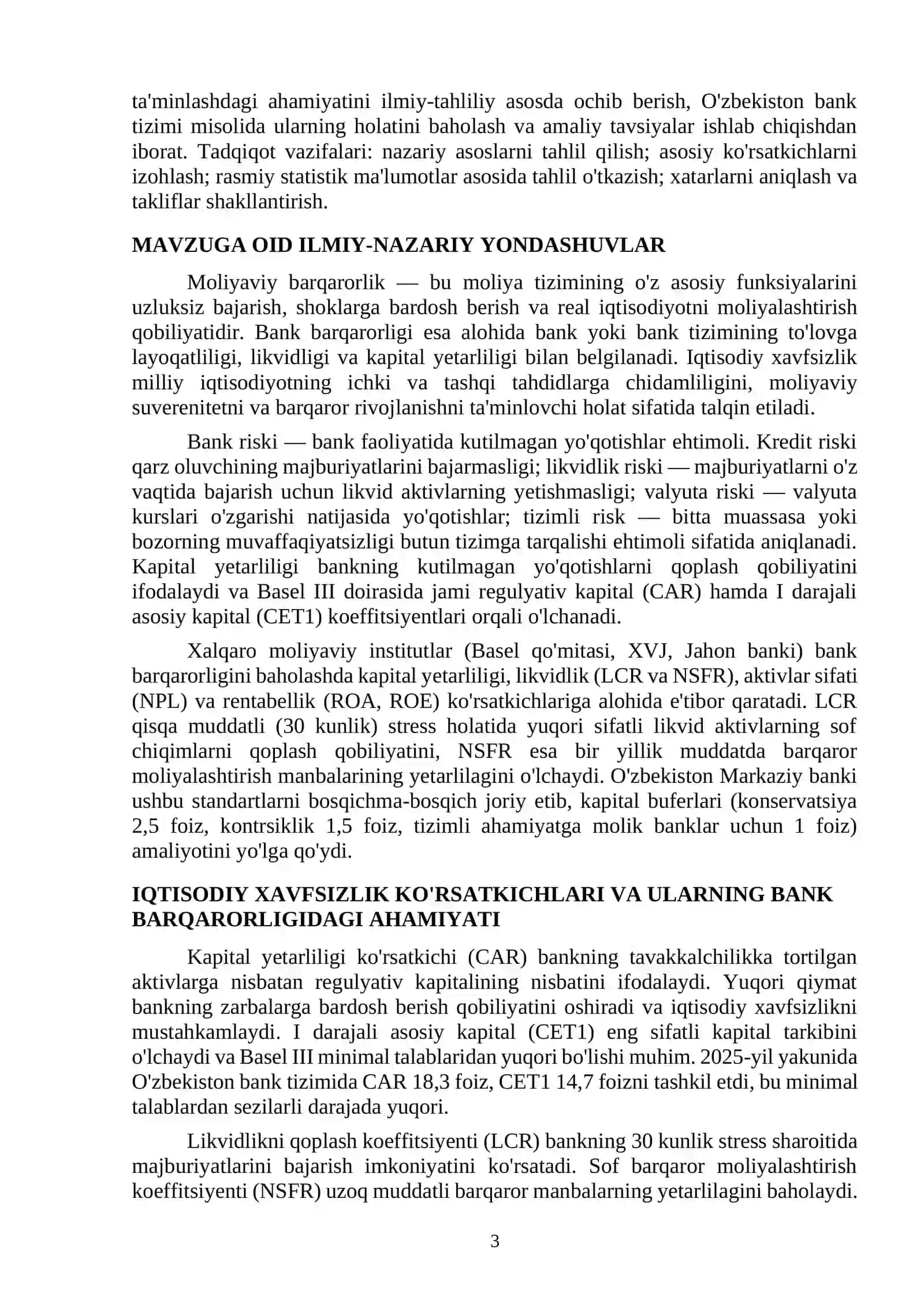BANK TIZIMI MOLIYAVIY BARQARORLIGINI TA'MINLASHDA IQTISODIY XAVFSIZLIK KO'RSATKICHLARINING AHAMIYATI 3