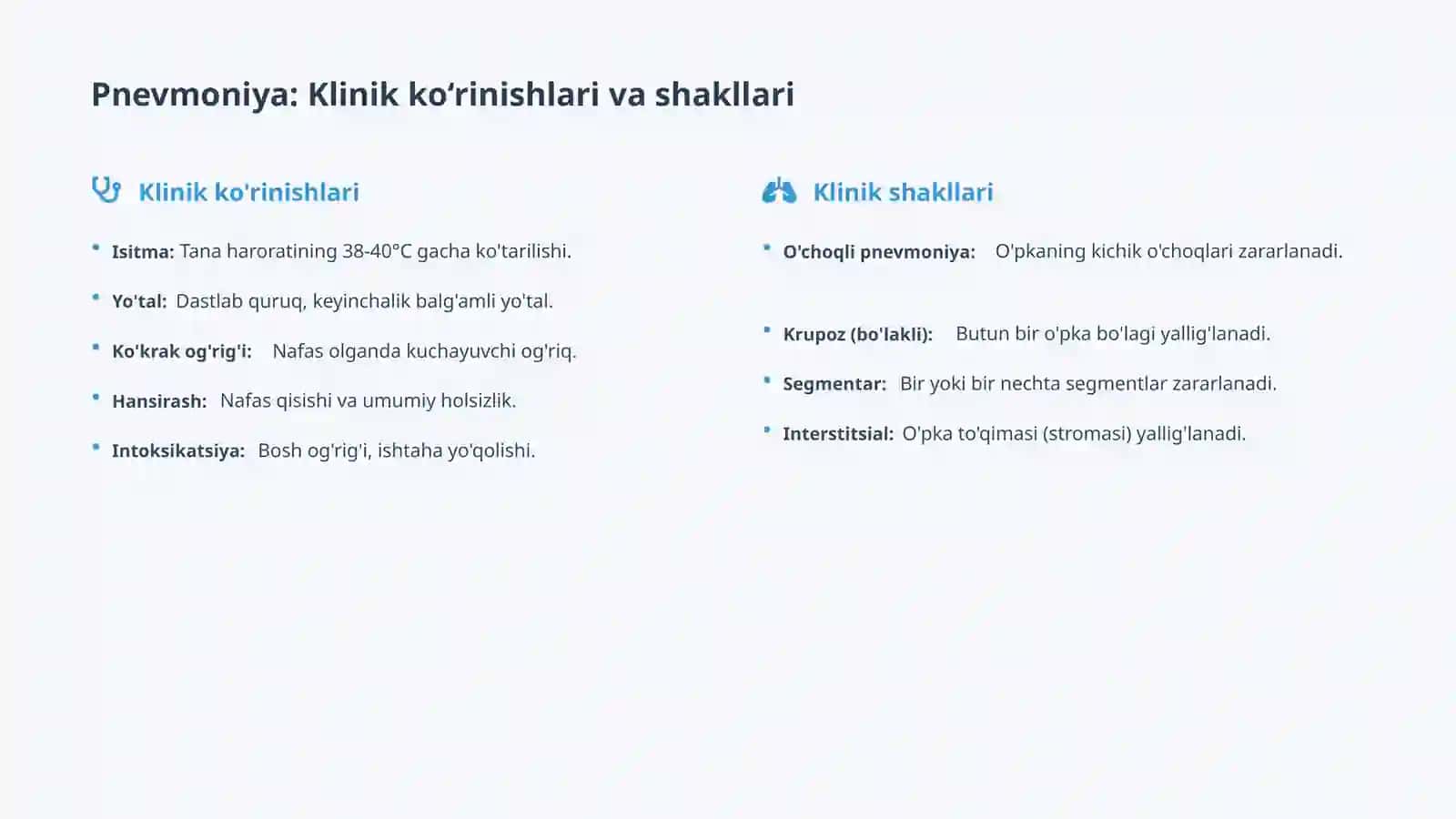 Pnevmoniya etialogiyasi, klassifikatsiyasi. Pnevmoniya, o‘pka abssessi, o‘pka raki, o‘pka exinokokki 3