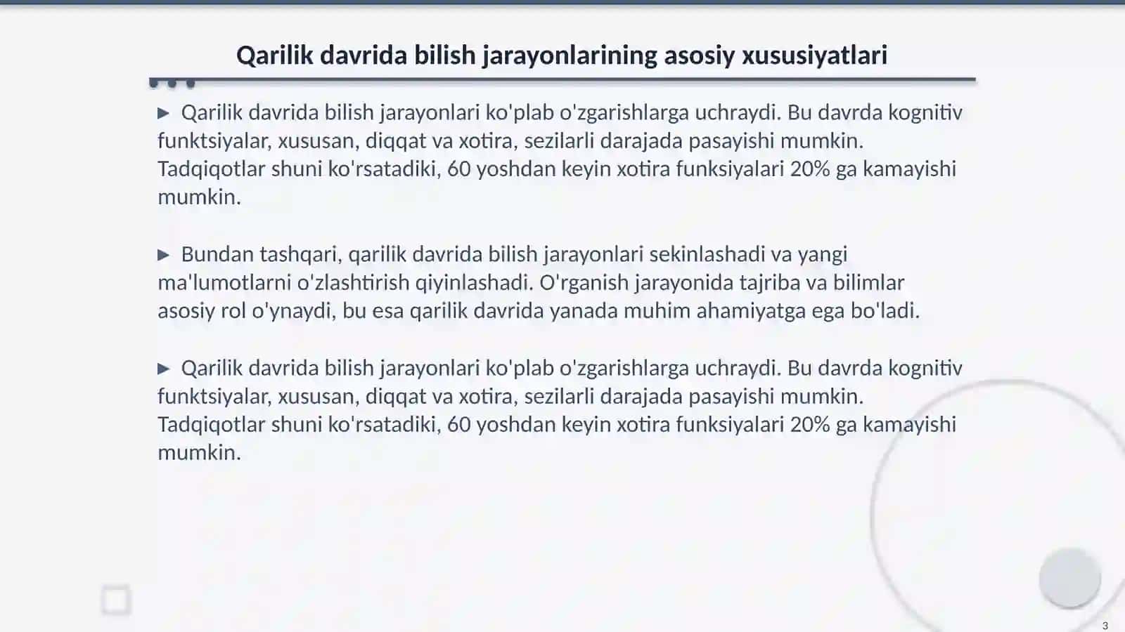 Qarilik davrida bilish jarayonlaridagi oʻzgarishlar 3