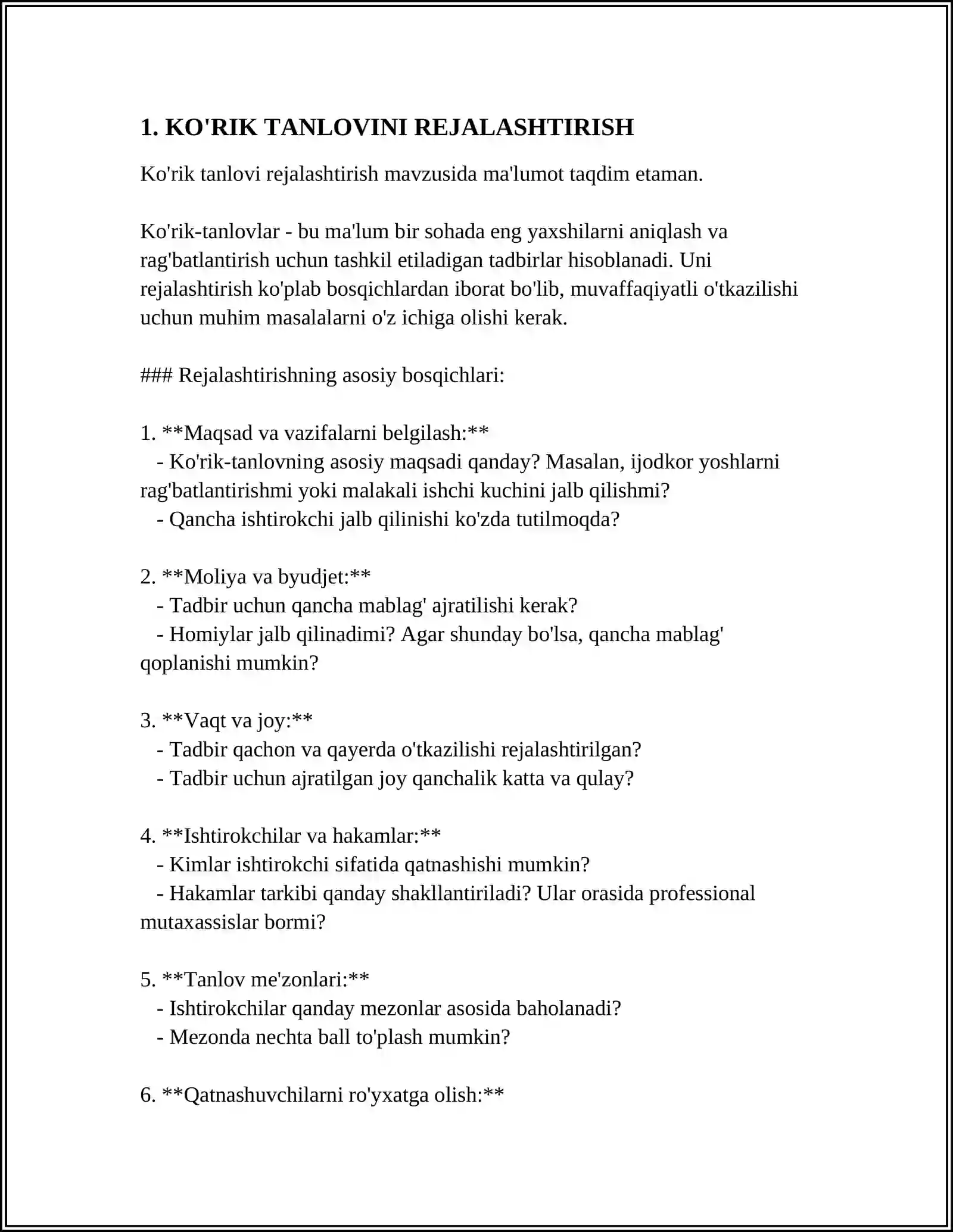 MUSTAQIL ISH Mavzu: KO'RIK TANLOV O'TKAZISH METODIKASI 3