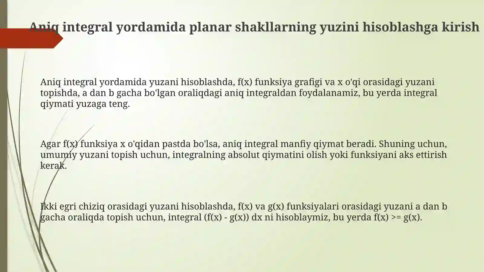 Aniq integral yoramida yassi figuralar yuzlarini hisoblash 3