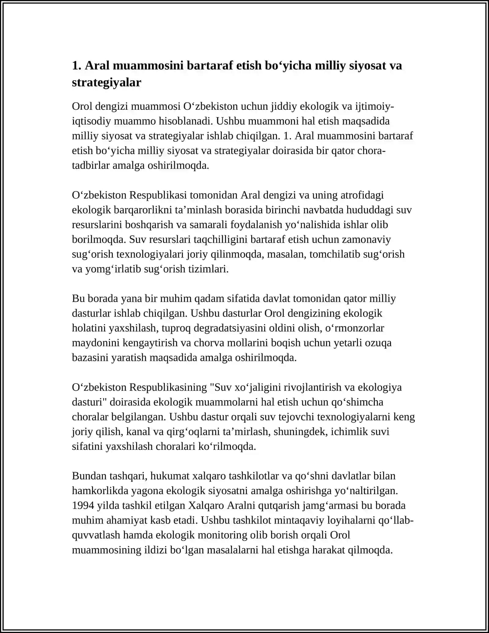 OROL MUAMMOSI VA EKOLOGIK BARQARORLIKNI TA’MINLASH BORASIDA AMALGA OSHIRILAYOTGAN CHORA TADBIRLAR 3