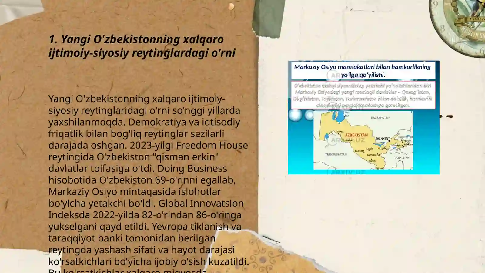 Yangi O'zbekiston ijtimoiy-siyosiy, iqtisodiy va madaniy hayotida ro'y berayotgan o'zgarishlarning xalqaro reyting va indekslardagi o'rni 3