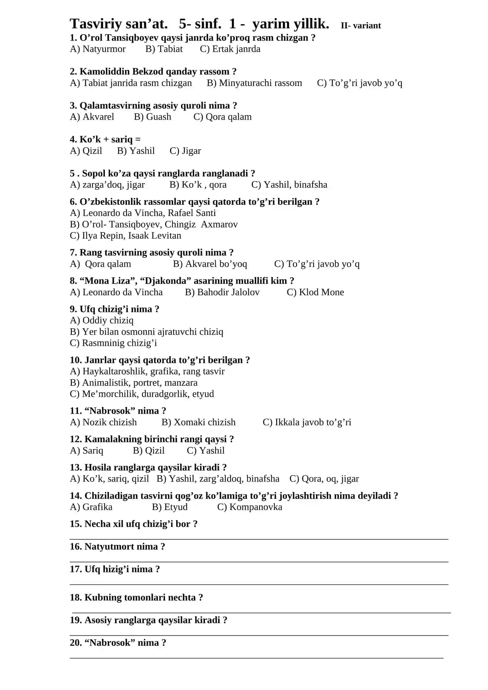 5-sinf I-yarim yillik Tasviriy san'at fanidan test 3