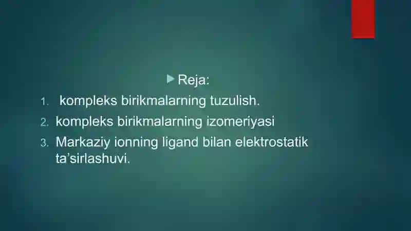 KOMPLEKS BIRIKMALARNING IZOMERYASI MARKAZIY IONNING LIGANT BILAN ELEKTRO STATIK TA`SIRLASHUVI 3