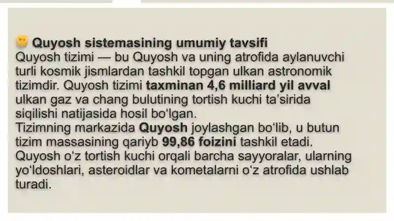 Quyosh sistemasining tuzilishi. Quyosh sistemasining masshtabi va a'zolari. Planetalarning konfiguratsiyalari va ko‘rinish shartlari.Planetalarning Quyosh atrofida aylanish davrlari 3