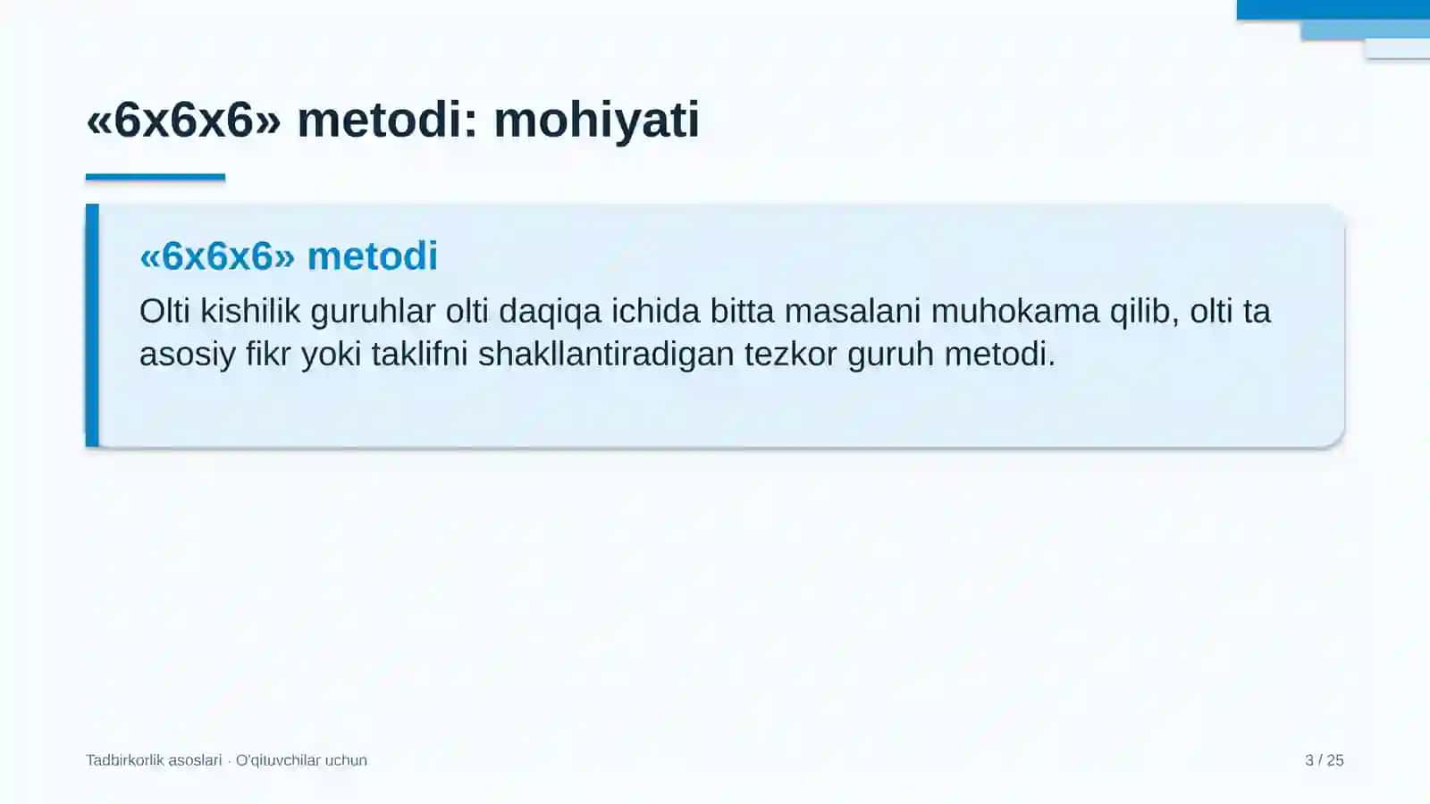 tadbirkorlik asoslari darslarida 6x6x6 metodidan foydalanish 7773 3