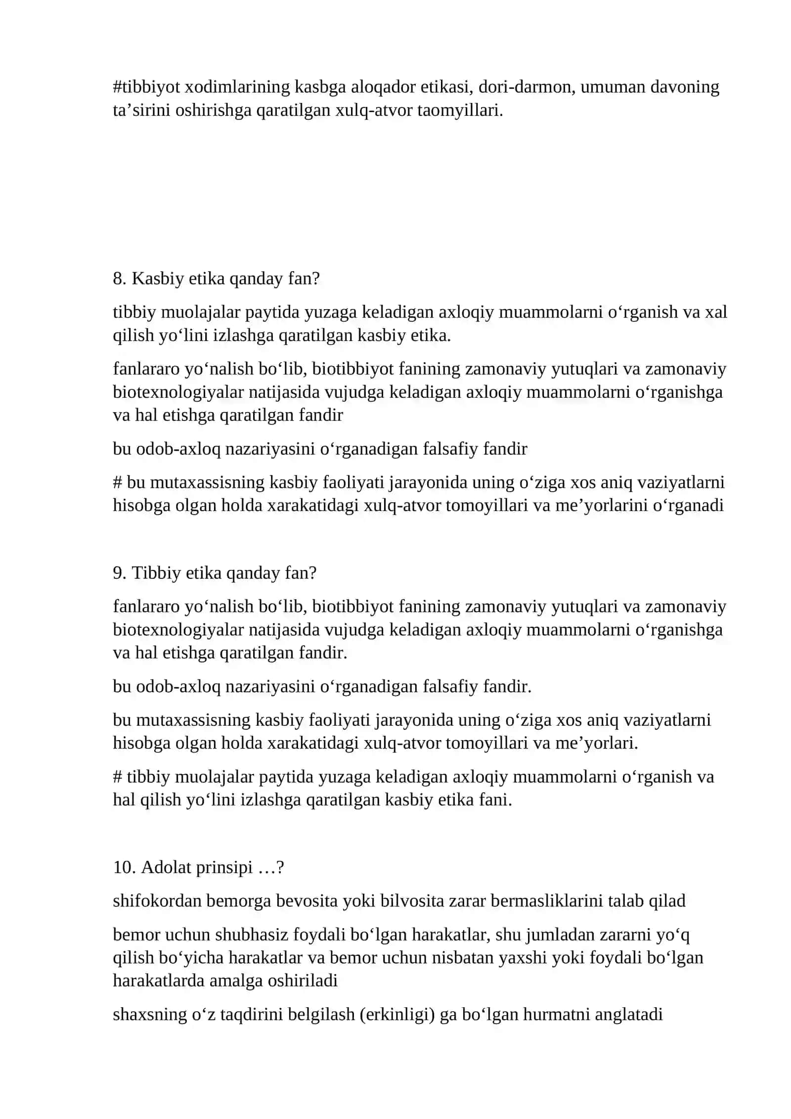 PEDIATRIYA ISHI DAVOLASH ISHI: BIOETIKA FANI DAN ON TEST SAVOLLARIGA JAVOBLAR 3
