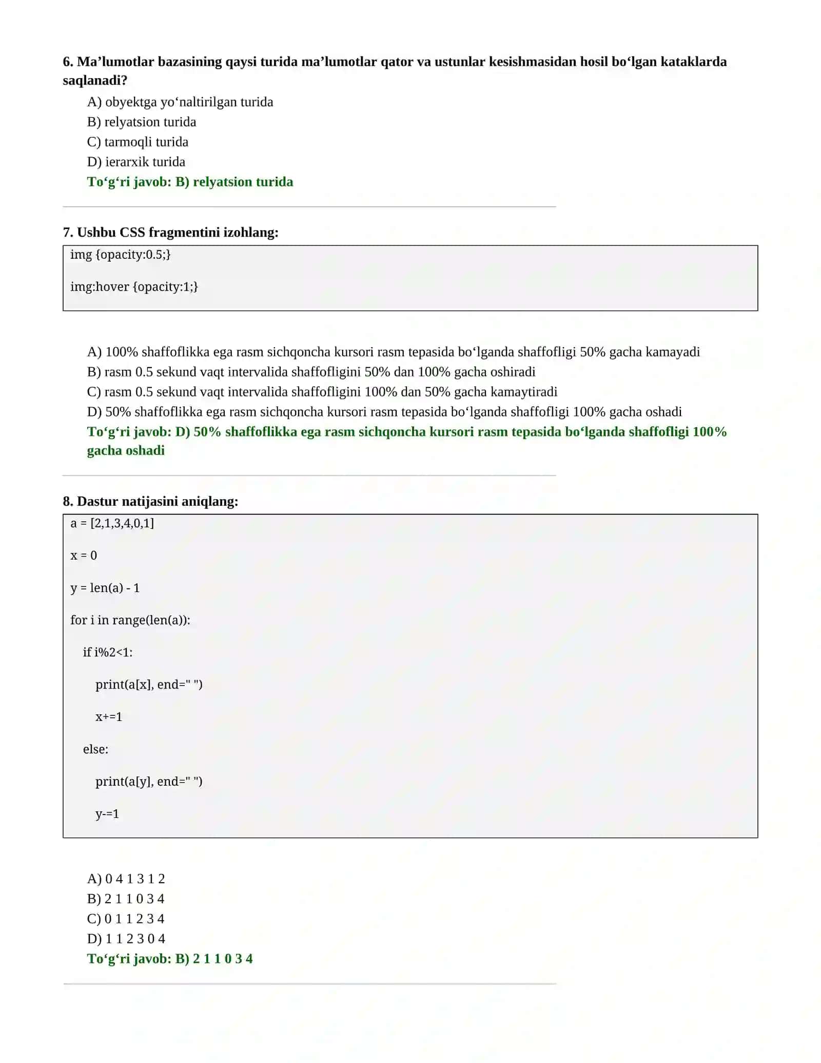 Informatika va axborot texnologiyalari. Attestatsiya testlari 3