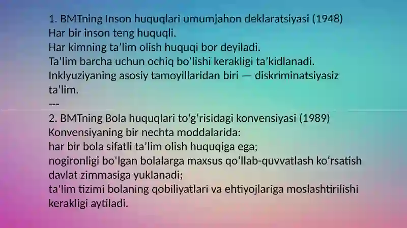 Inklyuziv ta’limning huquqiy asoslari xalqaro hujjatlarda  tahlil qilish 3