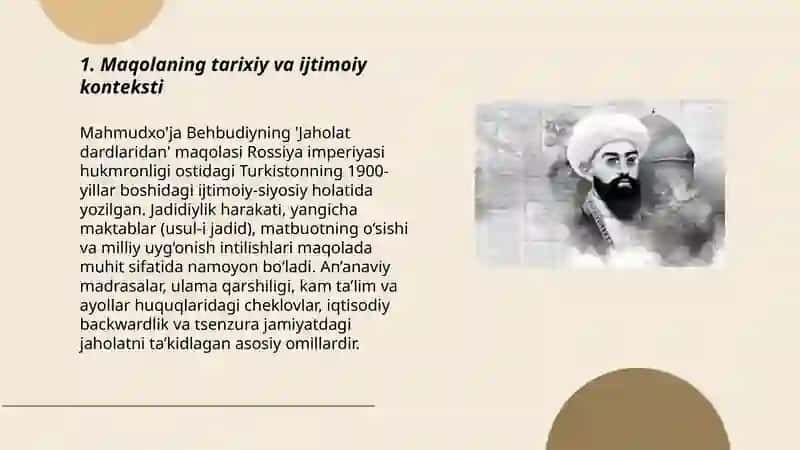Mahmudxo'ja Behbudiy." Jaholat dardlaridan" nomli maqolasi tahlili va taqrizi 3