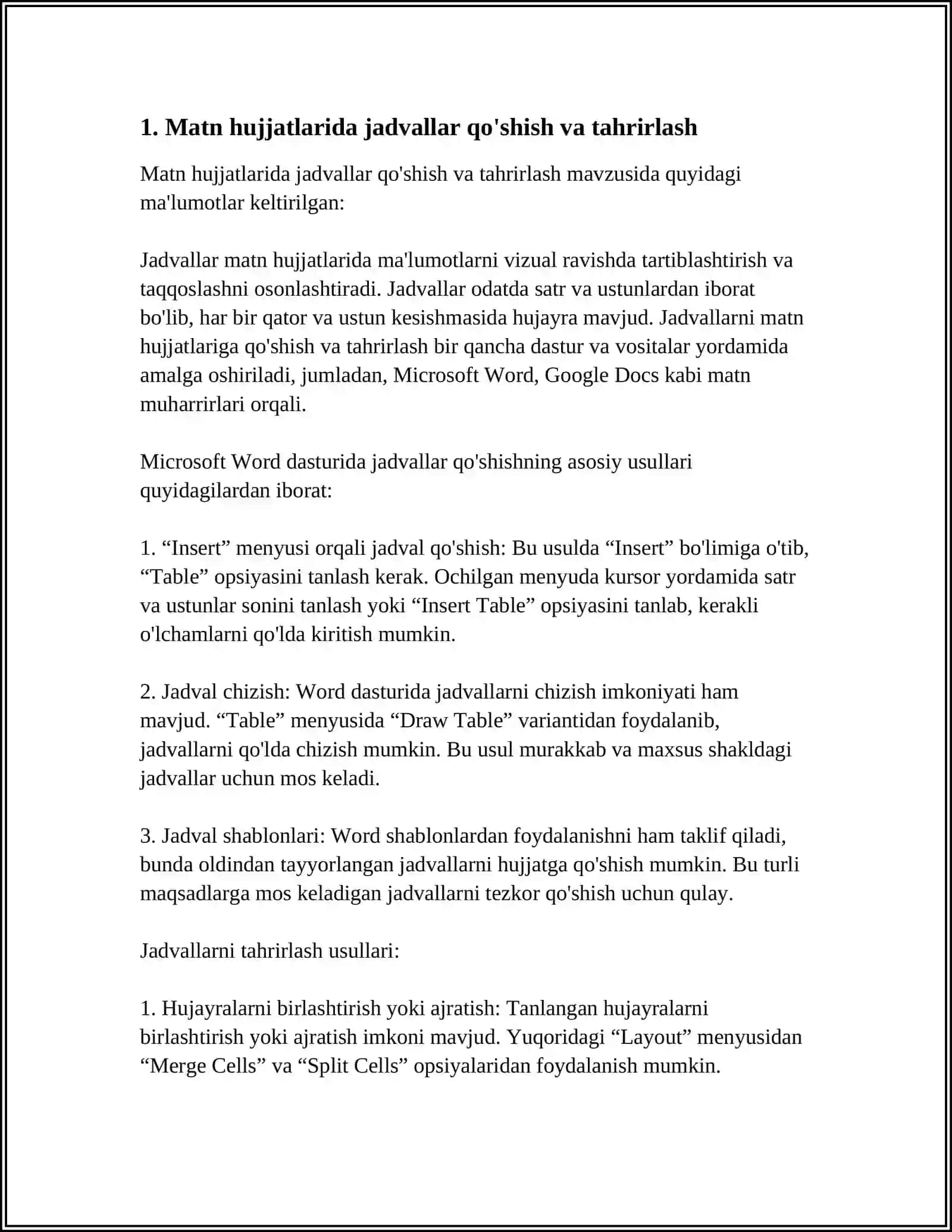 TEKSTLAR BILAN ISHLASH, OBYEKTLAR QO'SHISH.TEKST HUJJATLARIDA JADVAL VA RASMLAR. SNOSKA QOʻYISH,HUJJAT TUZILISHI BILAN ISHLOV BERISH MAZMUN BILAN TO'LDIRISH.MAKROSLAR BUKLETLARINI "MICROSOFT PUBLISHER" DASTURI YORDAMIDA TAYYORLASH 3