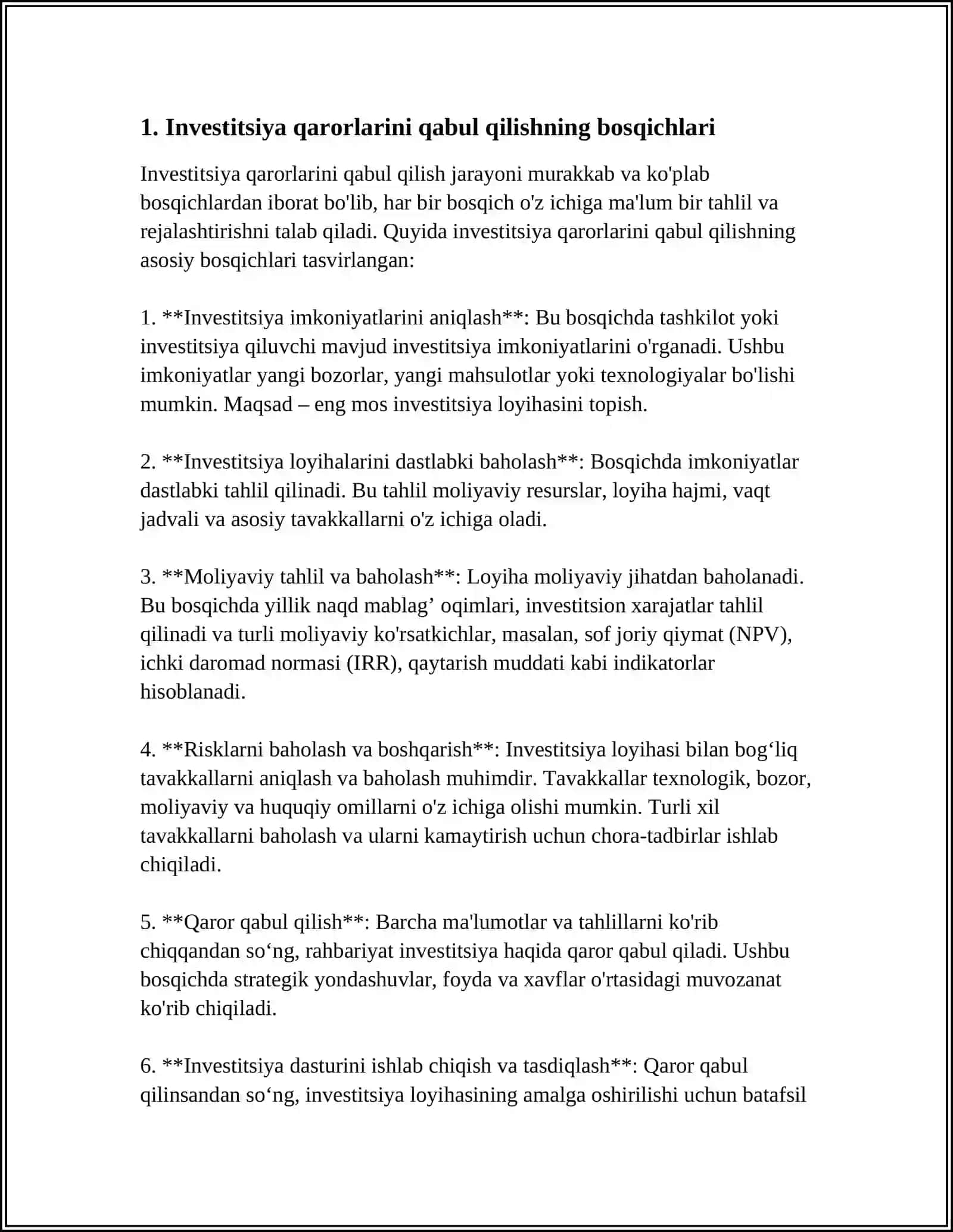 MENEJMENTDA INVESTITSIYA QARORLARINI QABUL QILISH VA ULARNING NATIJALARI 3