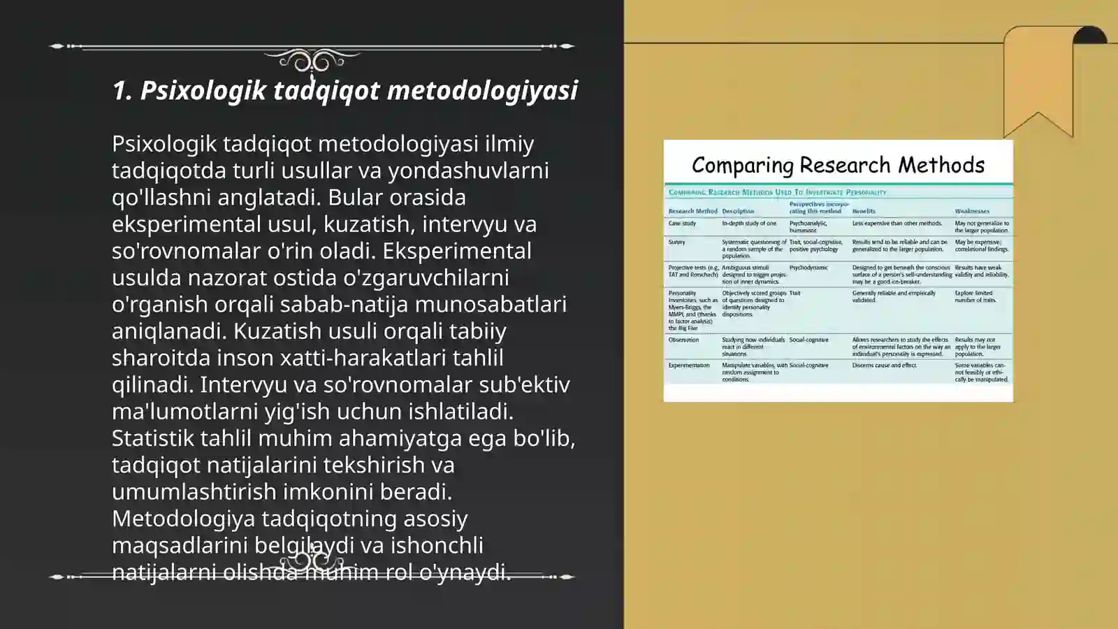 Psixologiya fanining ilmiy tadqiqot metodlarini oʻrganib taqdimot (slayd) tayyorlash 3