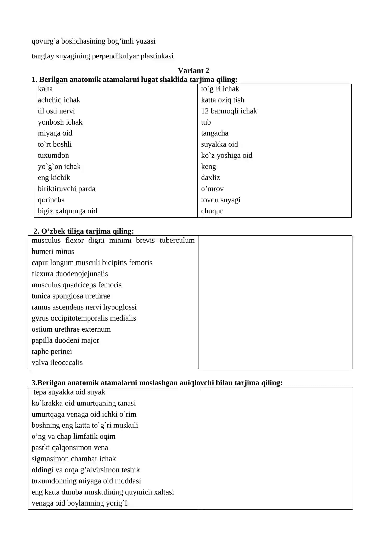 Berilgan anatomik atamalarni lugat shaklida tarjima qiling 3