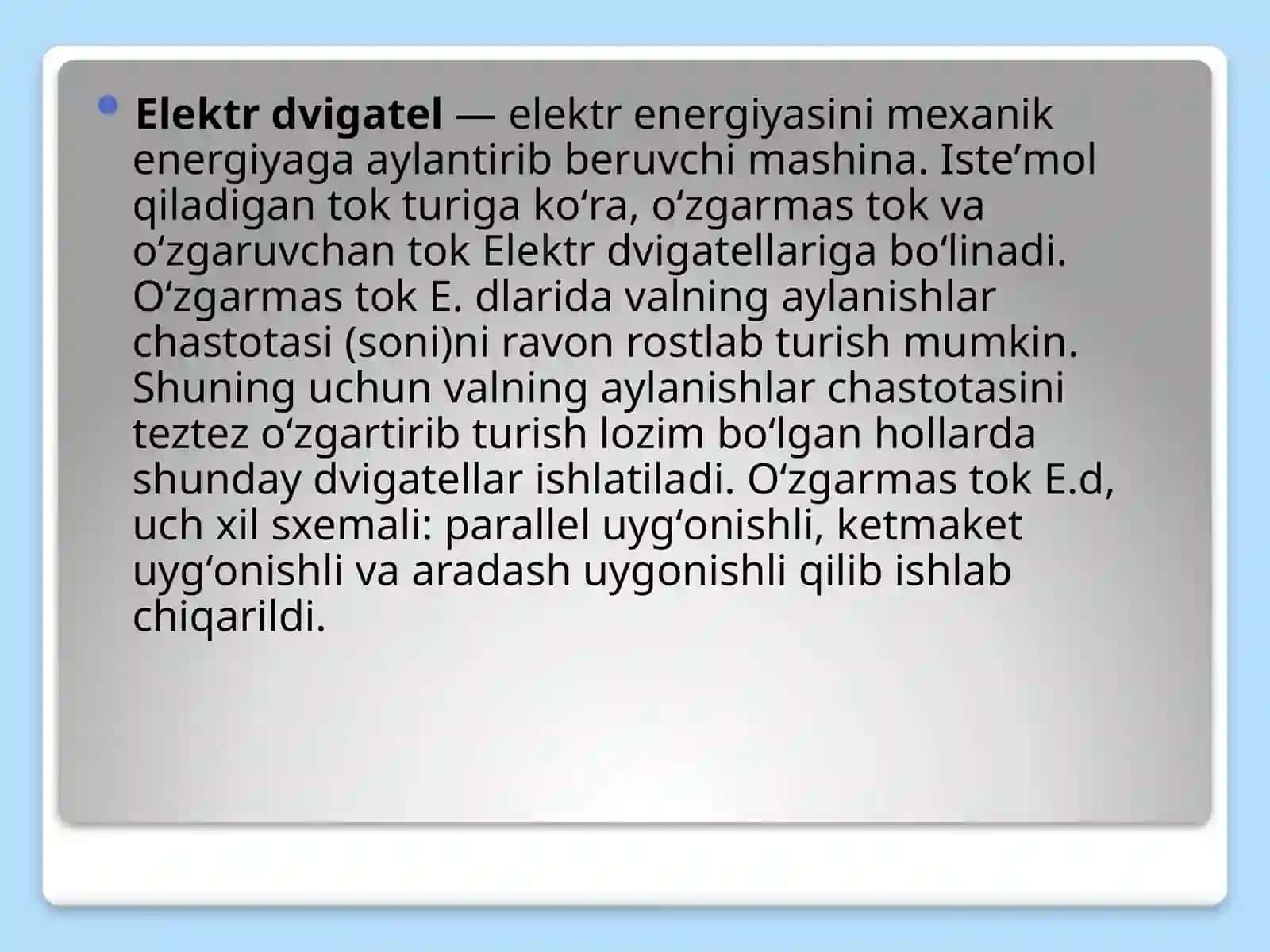 O’zgarmastok Mashinalarining umumiy tuzilishi, o’zgarmastok mashinasi ni generator rejimida ishlashi 3