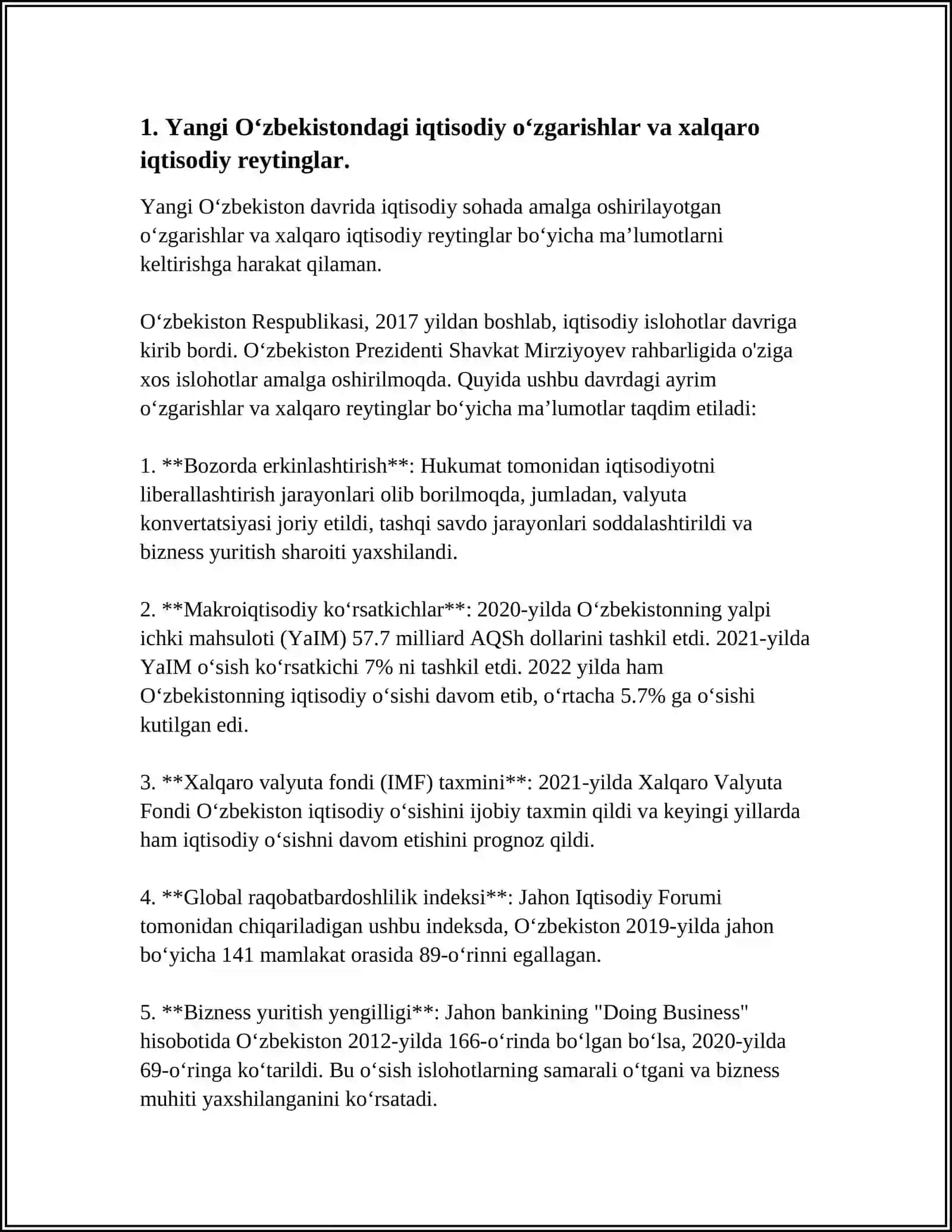 YANGI OʻZBEKISTONDA IJTIMOIY SIYOSIY IQTISODIY VA MADANIY HAYOTIDA ROʻY BERAYOTGAN OʻZGARISHLARNING XALQARO REYTING VA INDEKSLARDA AKS ETISHI 3