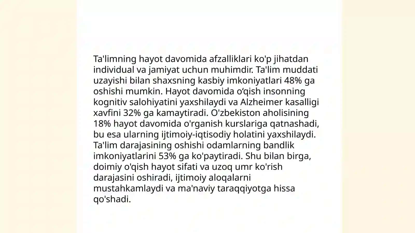 Termiz davlat pedagogika instituti Texnologik ta’lim yo’nalishi talabasi Ergasheva Ma’muraning Uzliksiz ta’lim tendensiyalari va zamonaviy yondashuvlar fanidan taqdimoti 3