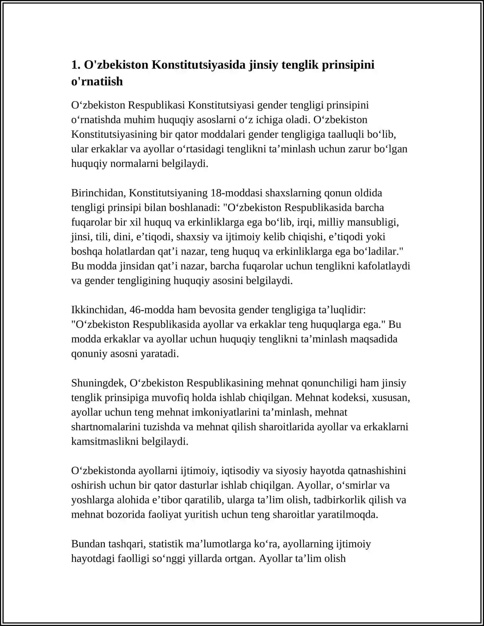 AYOLLAR VA ERKAKLAR TENGLIGINING KONSTITUTSIYAVIY HUQUQIY KAFOLATLARI 3