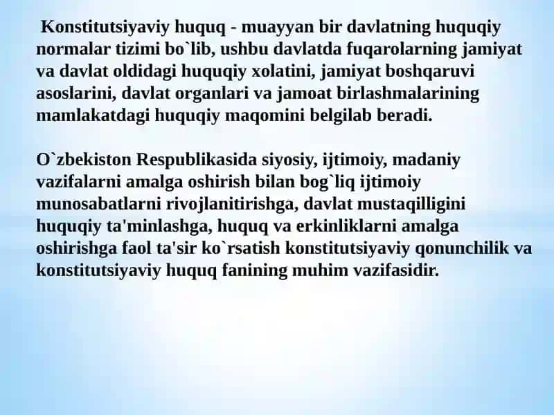 O`zbekiston Respublikasi Konstitutsiyaviy huquq fani tushunchasi va uning predmeti 3