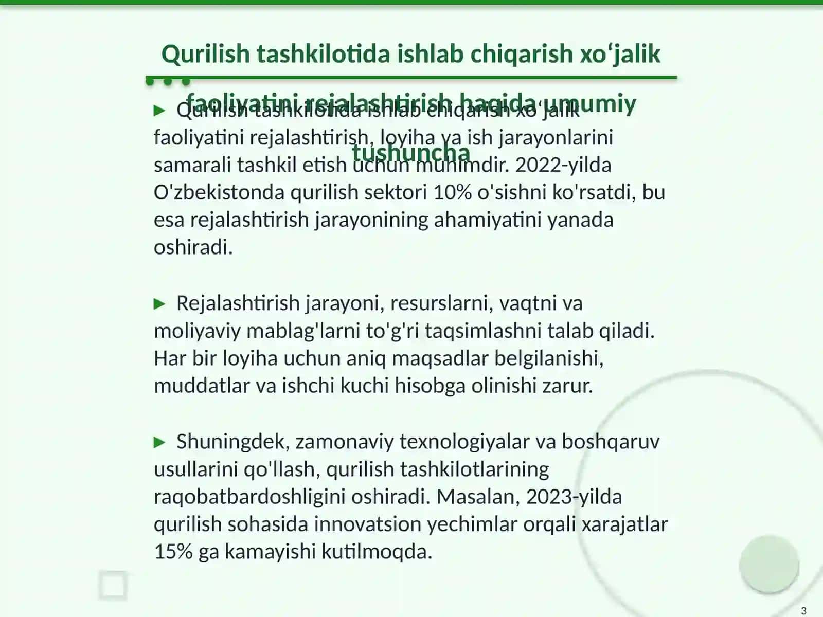 Qurilish tashkilotida ishlab chiqarish xoʻjalik faoliyatini rejalashtirish 3