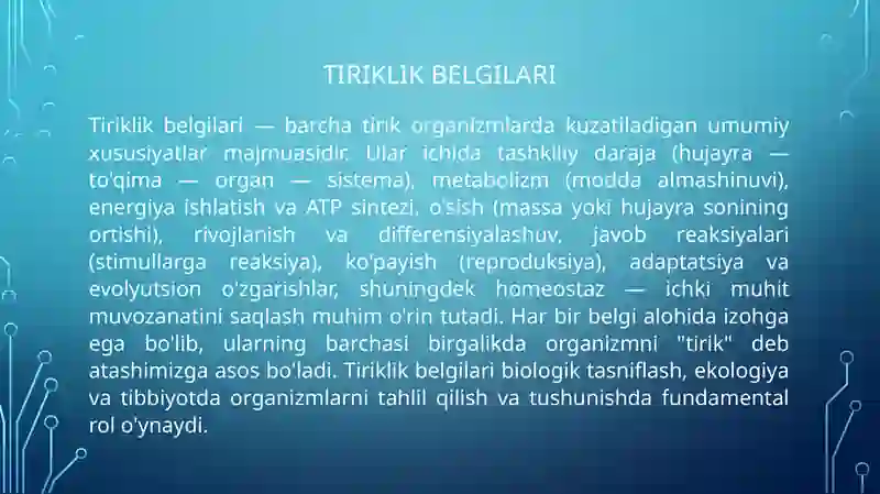 Tiriklik belgilari. Hujayraning oziqlanishi, rivojlanishi va ko'payishi. 3