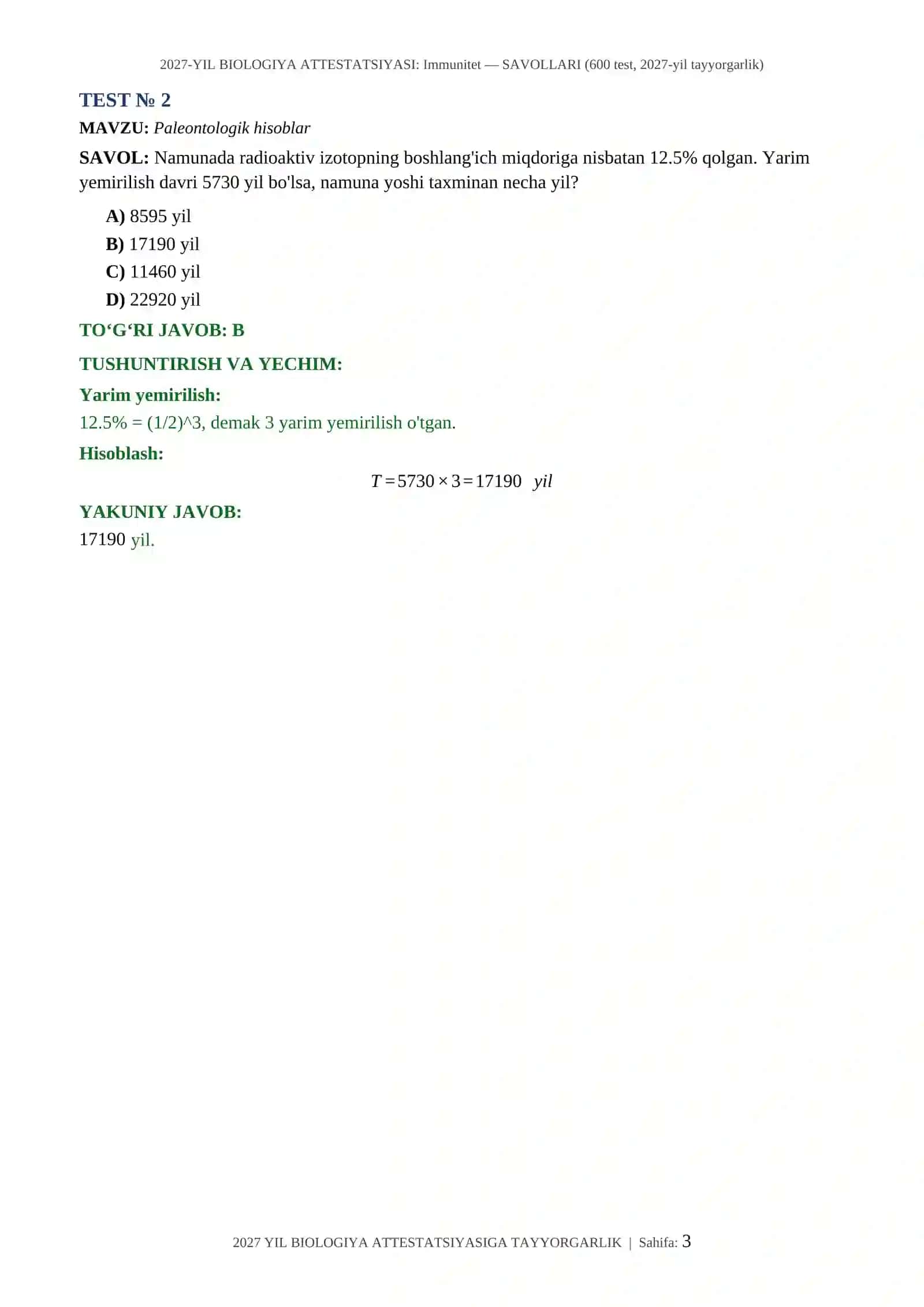 2027-YIL BIOLOGIYA ATTESTATSIYASI: Immunitet — SAVOLLARI (600 test, 2027-yil tayyorgarlik) 3