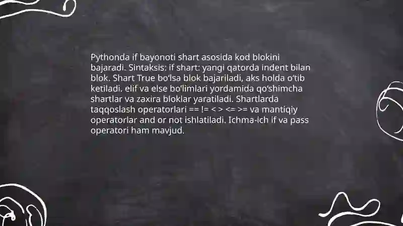 Pythonda tarmoqlanuvchi operatorlar 3