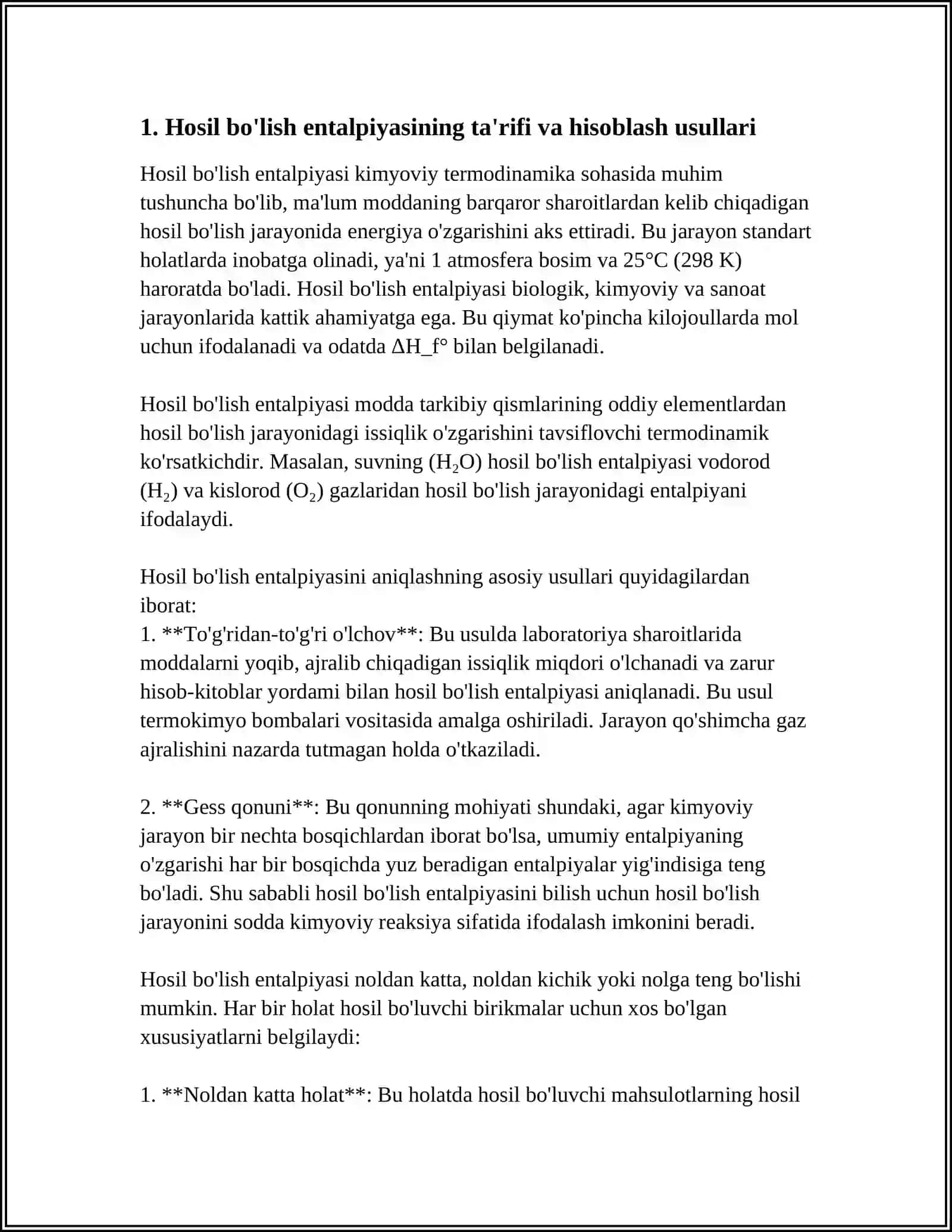 HOSIL BOLISH ENTALPIYASI NOLDAN KATTA, NOLDAN KICHIK VA NOLGA TENG HOLATLARDA BIRIKMALARNI XUSUSIYATLARI 3