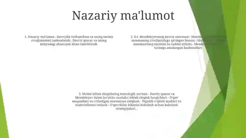 "Davriy Qonun Va D.I.Mendeleevning Kimyoviy Elementlar Davriy Sistemasi" Mavzudagi Modulli Darsning Texnologik Xaritasini Ishlab Chiqish Metodikasi 3