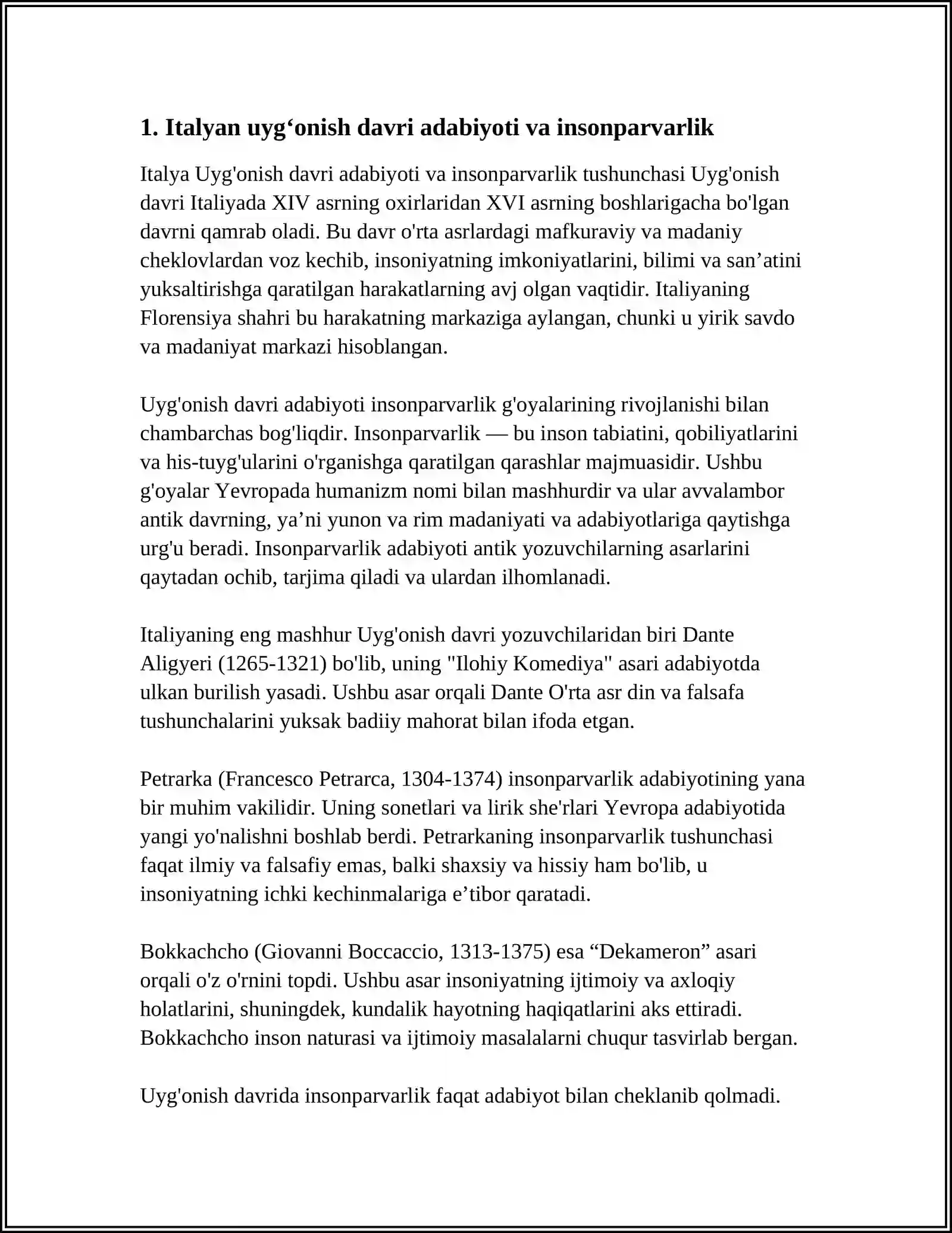 JAHON ADABIYOTIDA UYG‘ONISH MASALASI. ITALIYA, FRANSIYA, ISPANIYA VA ANGLYA UYG`ONISH DAVRI ADABIYOTI 3