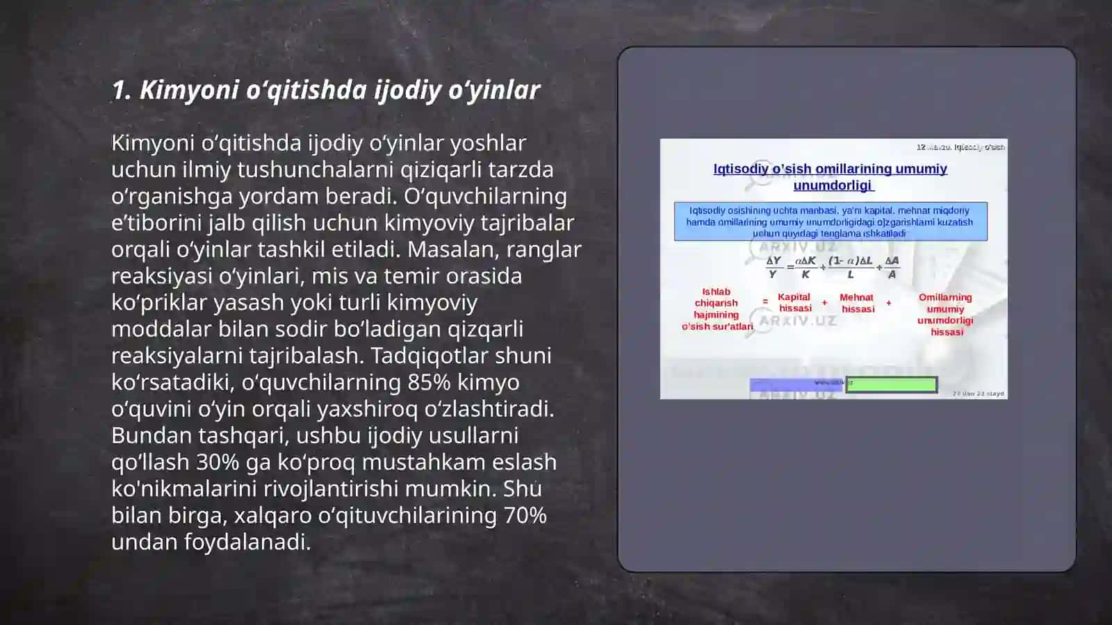 Kimyoni oʻqitishda ijodiy oyin ishbilarmonlar oʻyini va oʻyin mashiqlardan foydalanish 3