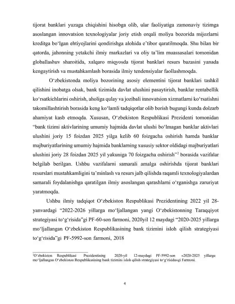 Tijorat banklari resurs bazasini mustahkamlash, ilmiy-nazariy asoslar, amaldagi holat va rivojlantirish yo‘llari BMI 3