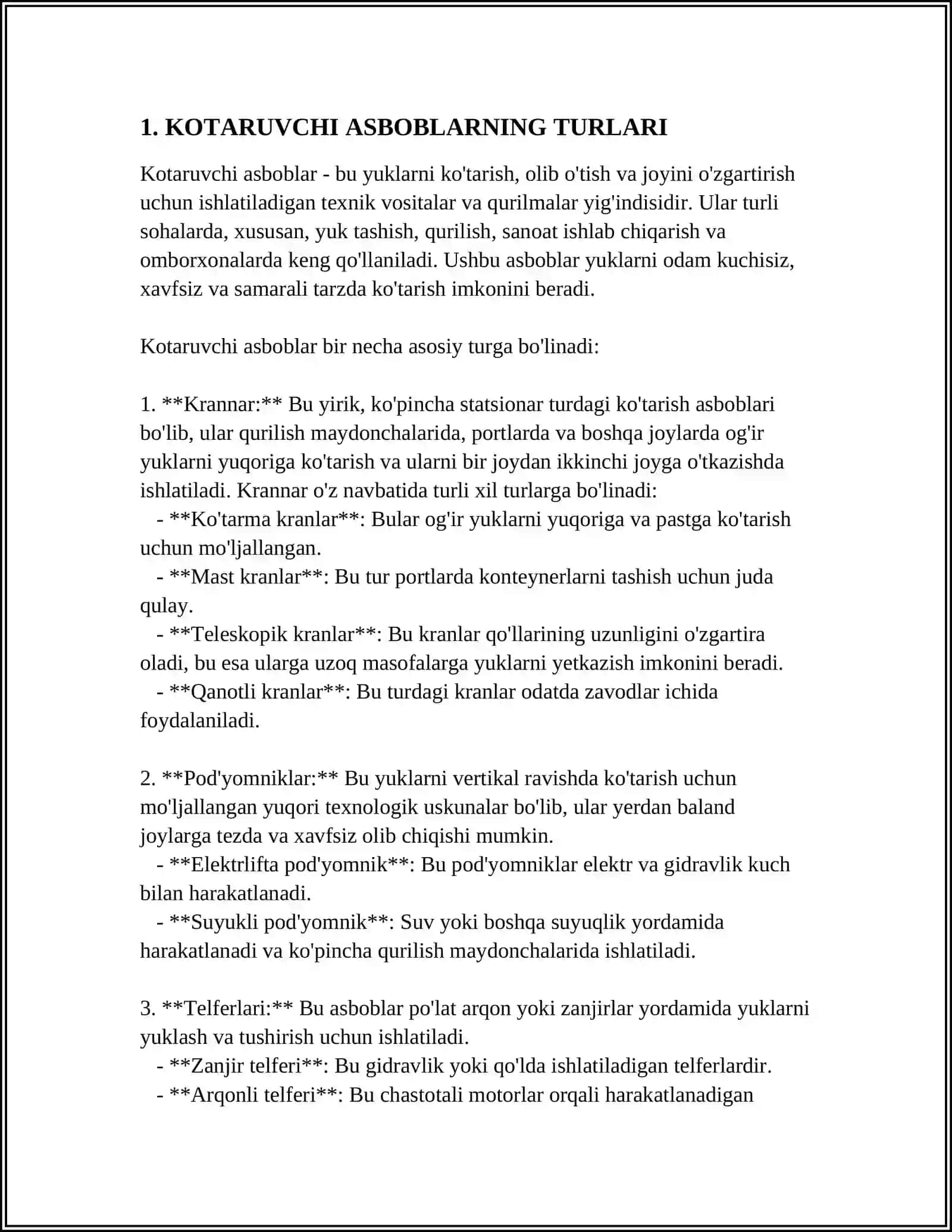 MUSTAQIL ISH Mavzu: KOTARUVCHI ASBOBLARNING TUZILISHI KOTARISHI QOYDASI VA TARTIBI 3